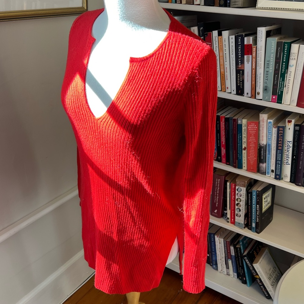 Anthropologie Red Ribbed V-Neck Sweater
